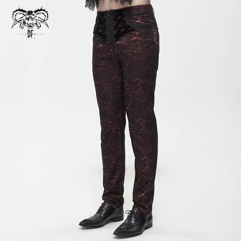 Schnürhose Taille Übersicht von oben – Weinrot Gothic Slim-Fit Hose mit vollständiger Schnür-Verschlusssystem, Gürtelschleifen und Spitzenborte Anordnung