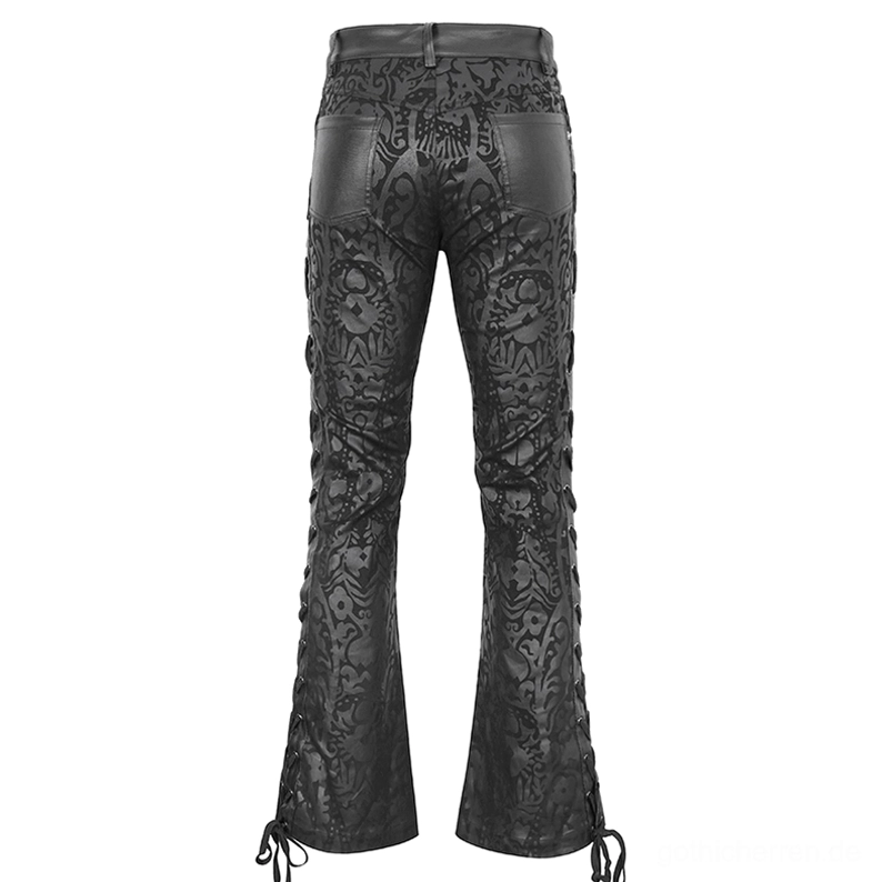 Detailaufnahme des Taillenband der Gothic Schnürhose mit zierlichem Metallknopf strukturiertes Damastgewebe und Gürtelschlaufen Nahaufnahme