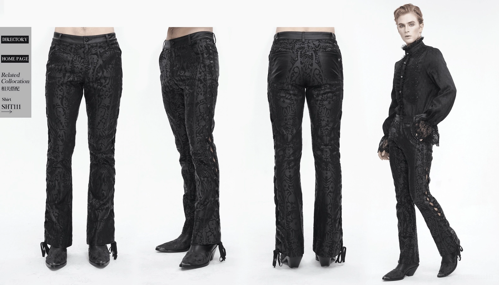 Taillierte Silhouette der schwarzen Gothic Schnürhose mit durchgehend Damastmuster und aufwändiger Schnürung maßgeschneidertes Design