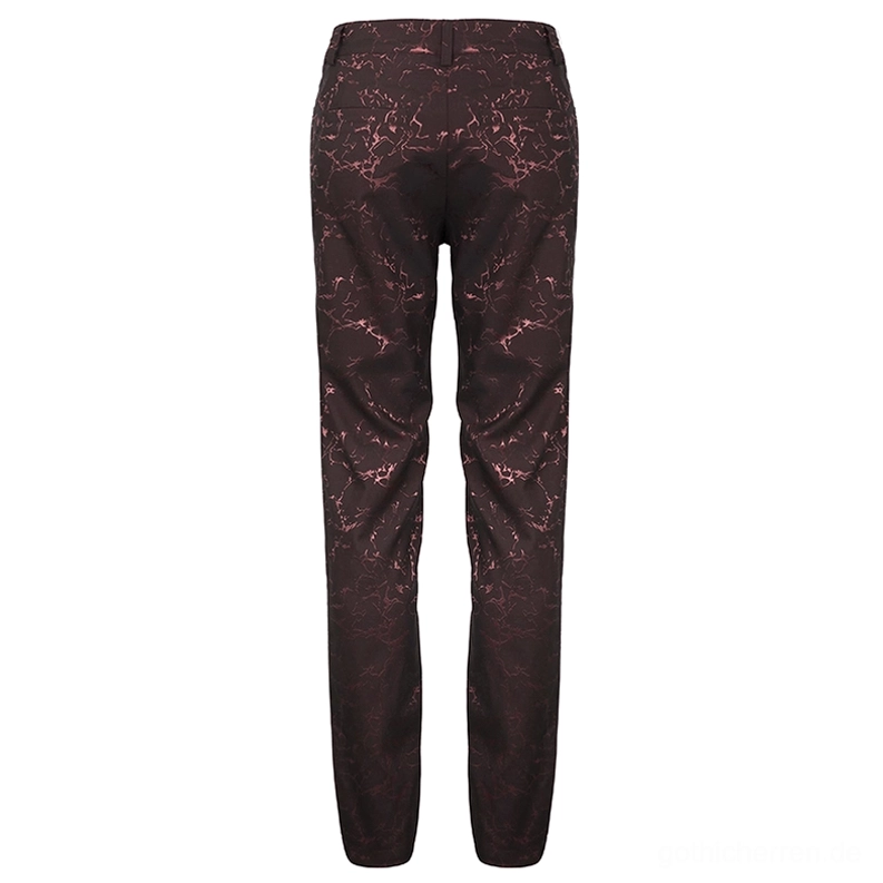 Weinrot Gothic Schnürhose Rückseite Flachlage – Slim-Fit Röhrenhose mit Rücktasche, Gürtelschleifen und uniformem Riss-Print auf gesamter Hosenfläche