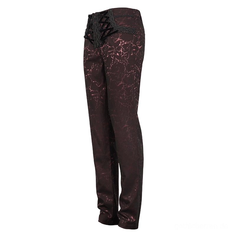 Gothic Schnürhose Seitenansicht Flachlage – Weinrot Slim-Fit Röhrenhose mit Schnürsystem Detail, zeigt Passform und durchgehenden Riss-Print Textur