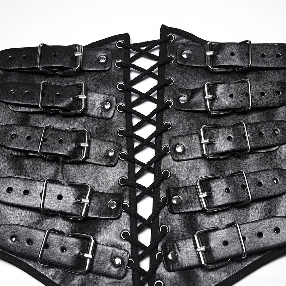 Nahaufnahme schwarzer gotischer Schnürkorsett-Taillengürtel zentrale Schnürösen und Metallschnallen-Hardware-Detail Kunstleder