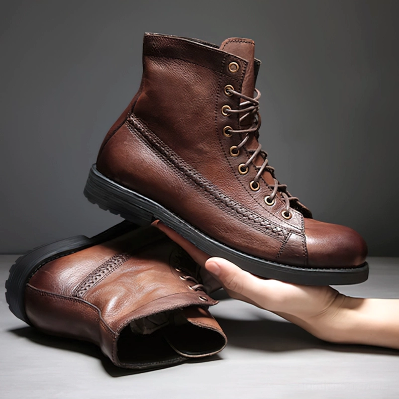 Herren Gothic Schnürstiefel mit Gummisohle und Profilmuster – Details der Traktion und Konstruktion der Laufsohle