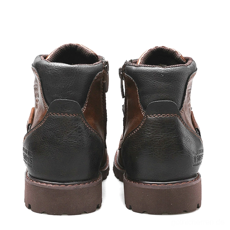 Zweitönige Gothic Schnürstiefel Rückansicht mit dickem Gummiabsatz und authentischem Sohlendetail, zwei Stiefel Rückseite der handgefertigten Boots