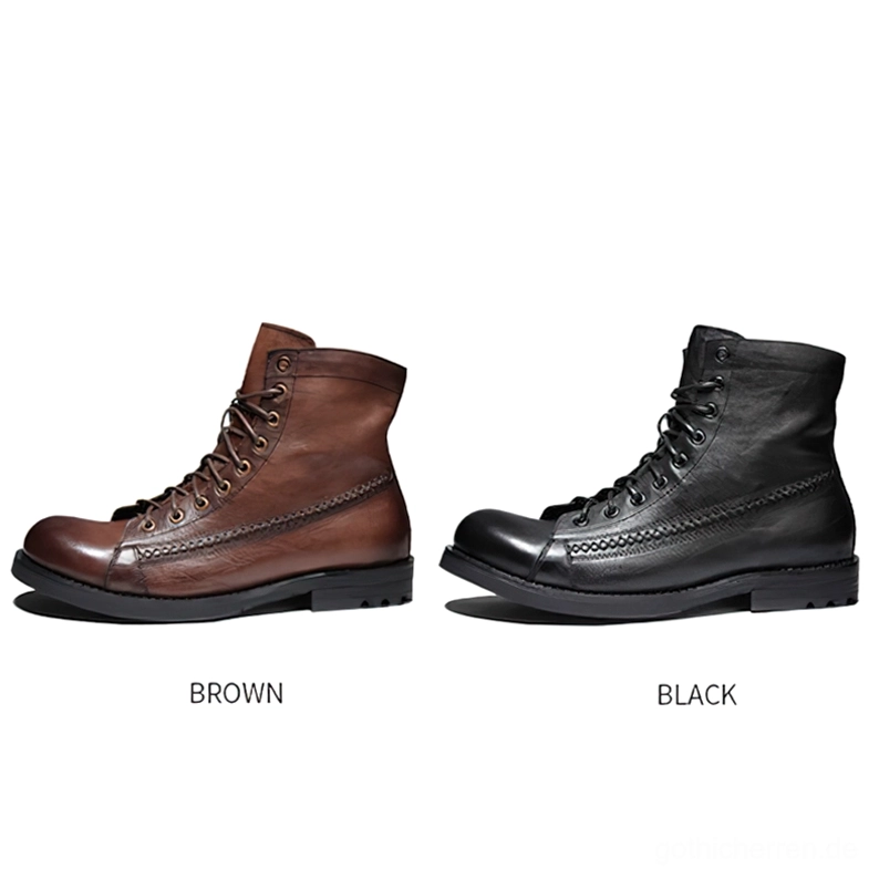 Gothic Combat Boots Vergleich in Schwarz und Braun – zwei Schnürstiefel Farben nebeneinander von der Seite