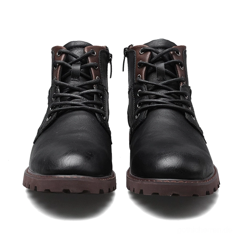 Vergleichspaar Mixed-Farb-Gothic Schnürstiefel in Schwarz und Braun mit Seitenverschlüssen, frontale Vergleichsansicht der hochwertigen Leather Boots