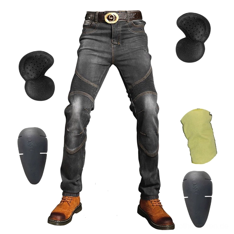 Schwarze Gothic Schutzjeans komplettes Schutzausrüstungs-Kit Flatlay Motorrad Denim