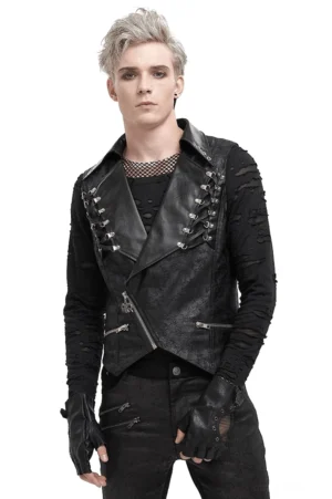 Schwarze Gothic Herrenweste mit Metallösen und Lapel-Revers – Frontale Modellansicht mit tailliertem Schnitt und industriellen Reißverschlüssen