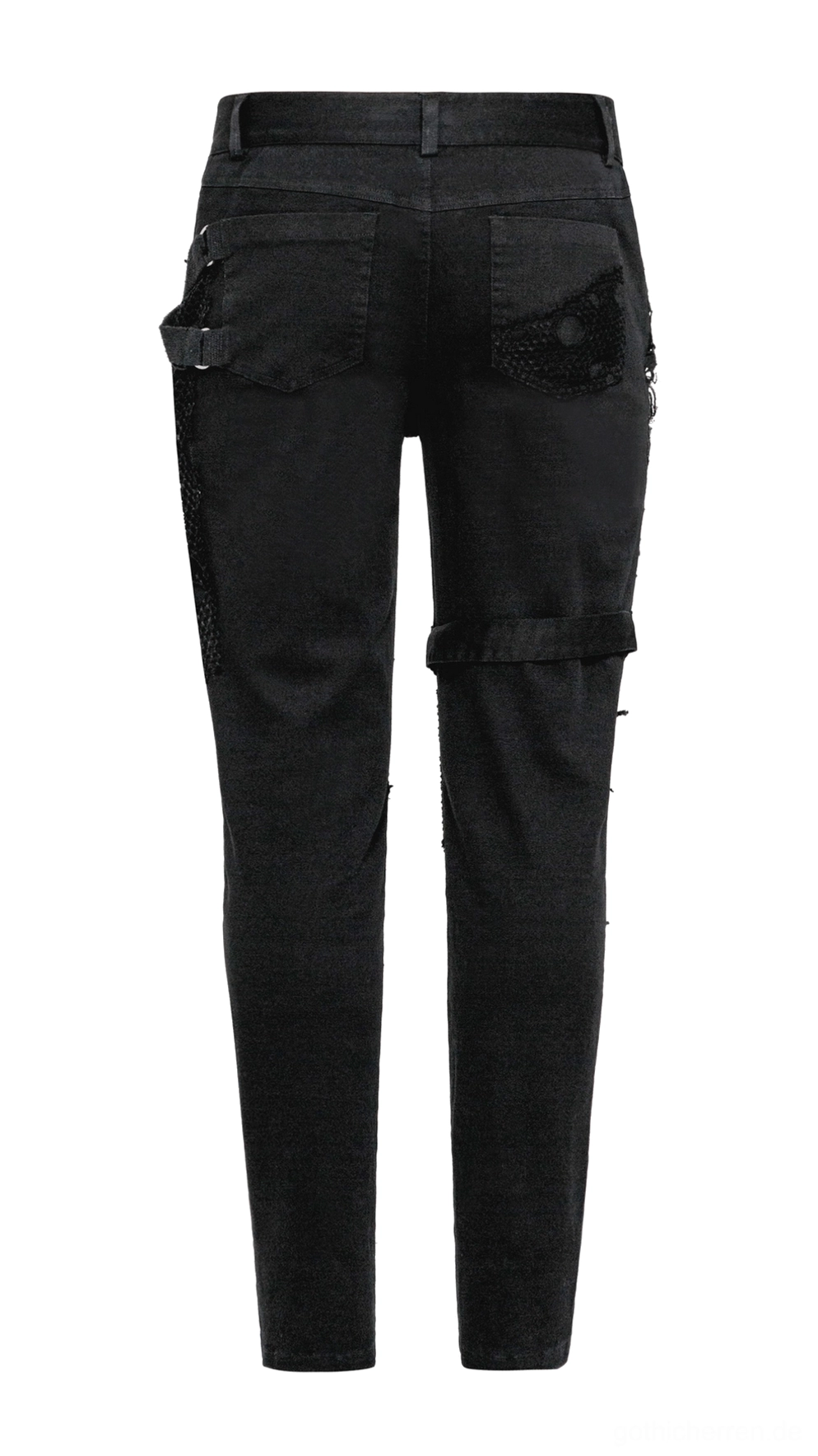 Rückansicht schwarzer Gothic-Jeans im flachen Layout mit Gesäßtaschen und verstellbarem Beinband