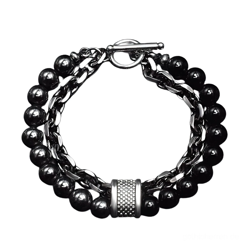 Schwarzes Lava-Stein Perlen Armband mit Edelstahl – doppellagiges gotisches Design mit industriellen Metall-Akzenten und Toggle-Verschluss