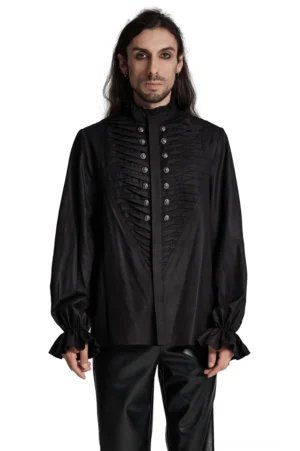 Gothic Schwarzhemd mit 3D Plissee und Bestienköpfe-Metallknöpfen, Vorderansicht Modell trägt Hemd, strukturierter Stehkragen mit Rüschen, voluminöse Bischofärmel