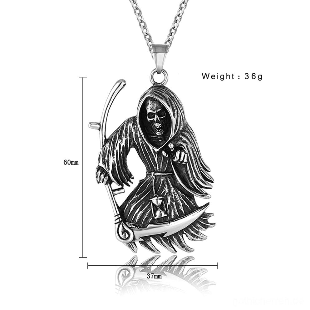 Gothic Sensenmann Anhänger Größenangaben 60mm Höhe 37mm Breite Edelstahl Halskette Abmessungen
