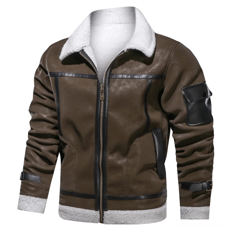 Gothic Shearling Lederjacke Vorderansicht mit schwarzem und weißem Shearling-Kragen, Ärmel-Pattentasche und Reißverschluss-Details