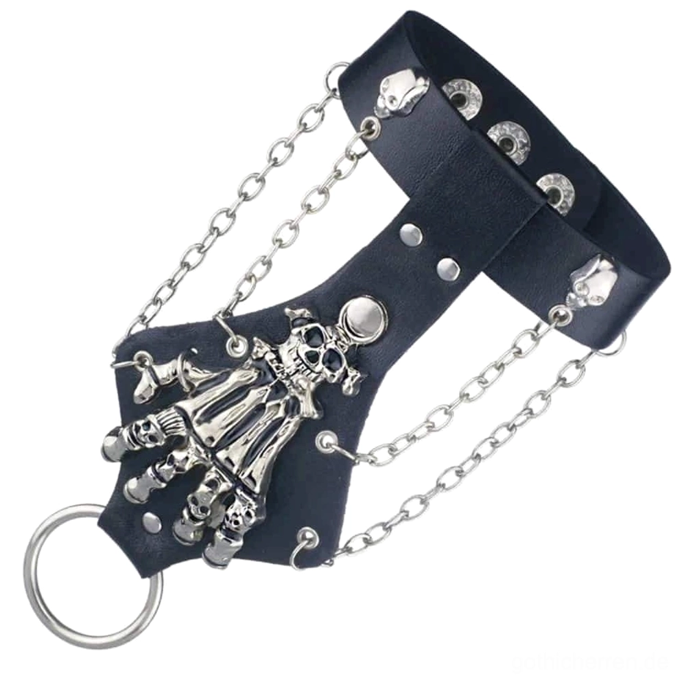 Frontansicht des gotischen Skeletthand-Kettenarmband zeigt duale Metallketten, verstellbare Fingerlöcher und intrikates silbernes Skelettdetail mit D-Ring-Anhänger