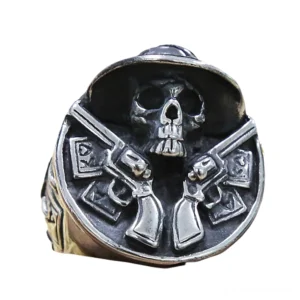 Unisex gotischer Totenkopf Western Ring Draufsicht altersgerechte Silberfinish Embossed Muster gesamtes Design Ansicht