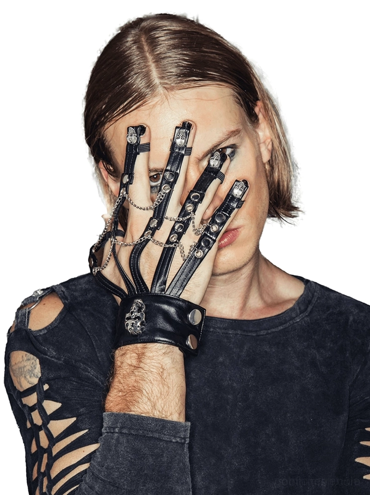 Gothic Schädel Lederhandschuh fingerlos Herren Nahaufnahme frontale Ansicht alternative Punk Mode Mann
