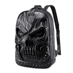 Gothic Schädel Rucksack schwarz mit 3D gesticktem Schädelemblem und Metallnieten - Frontalansicht Studio-Aufnahme