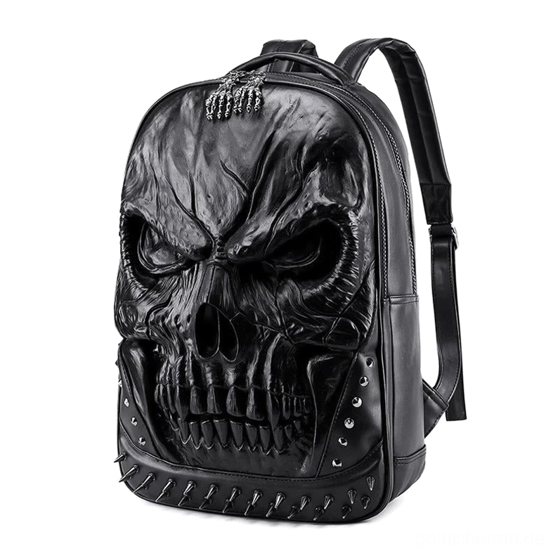 Gothic Schädel Rucksack schwarz mit 3D gesticktem Schädelemblem und Metallnieten - Frontalansicht Studio-Aufnahme