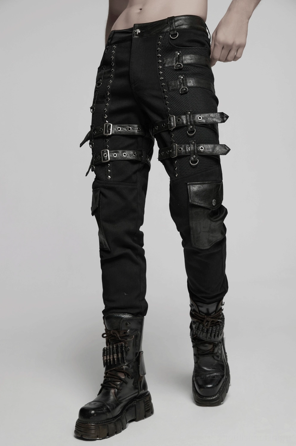 Dunkelansicht gothic slim-fit hose pyramidennieten schnallen punk ästhetik kantenausdrück rebellische rebellen stil