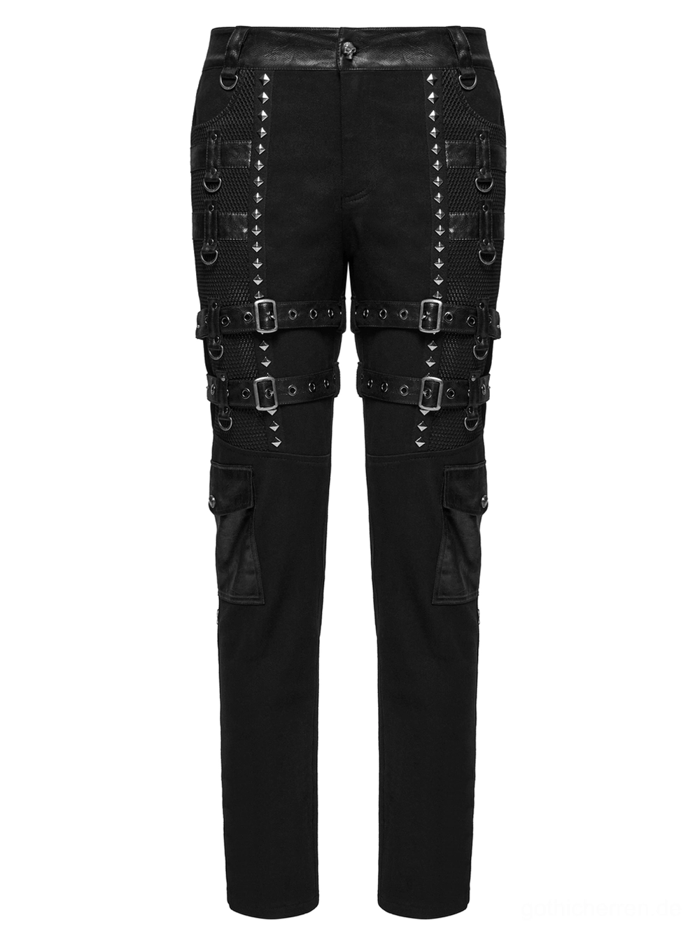 Gothic slim-fit hose rückansicht flat lay mit buttonclose ledertaille ledertaschen d-ring schnallen befestigungen