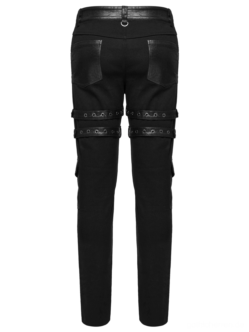 Gothic slim-fit hose rückseite detailansicht ledertrimm d-rings verstellbare oberschenkelriemen schmalen streifen befestigung