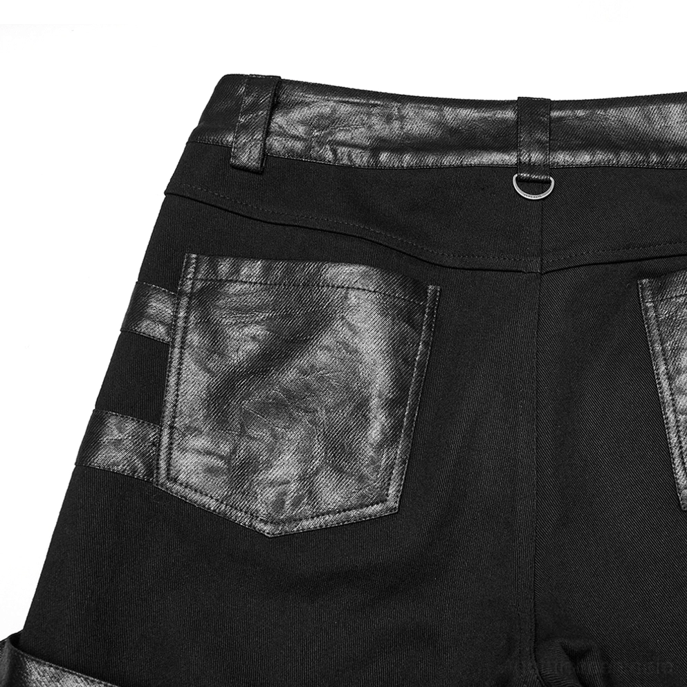 Nahaufnahme gothic slim-fit hose taille ledertrimm hintertaschen mit metallflecken d-ring hardware befestigung system details