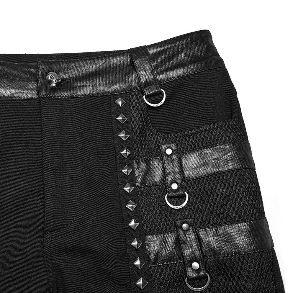 Vordere taille nahaufnahme gothic slim-fit hose pyramidennieten lederschnüre d-rings mesh integration metallteile detail