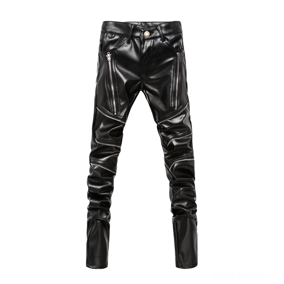 Gothic Slim-Fit PU-Kunstleder-Lederhose Vorderansicht mit dualen vorderen Reißverschlusstaschen und Metallknopfverschluss Herrenfashion Dunkelmode