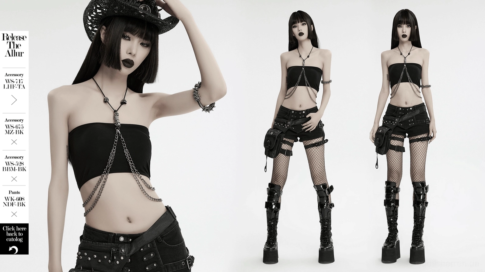 Mehrere Goth-Modelle zeigen Vertebra Spike Metall-Armmanschette aus verschiedenen Winkeln mit dunklem Punk-Gothic-Ästhetik-Styling