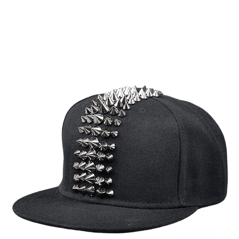 Silberne Metallspitzen gotische Snapback Cap auf schwarzem Baumwollcanvas, polierte reflektierende Nieten im Punk-Gothic-Stil, Alternative Fashion Kopfbedeckung