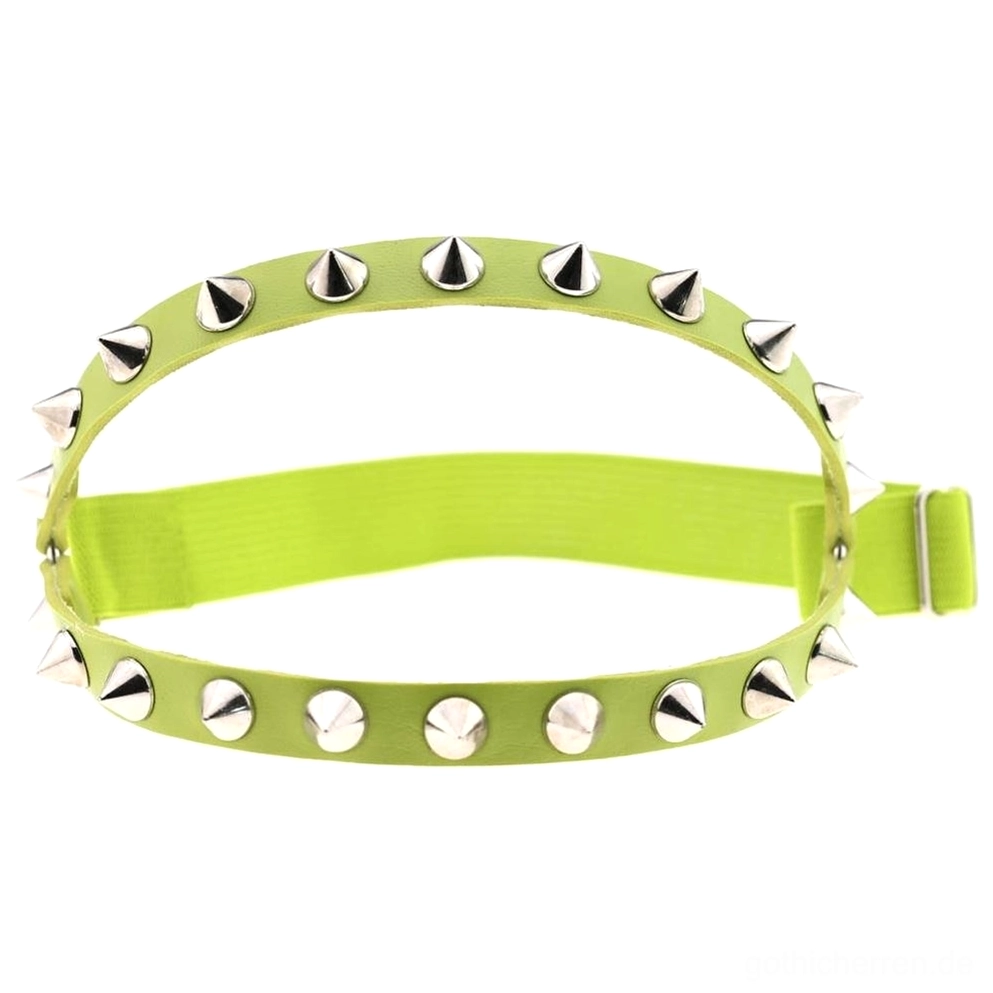 Neon-Grüner Gothic Spiked Knee Garter mit silbernen Metallnieten und verstellbarer Schnalle, boldeste Cyberpunk-Ästhetik, futuristisches Goth-Harness-Design