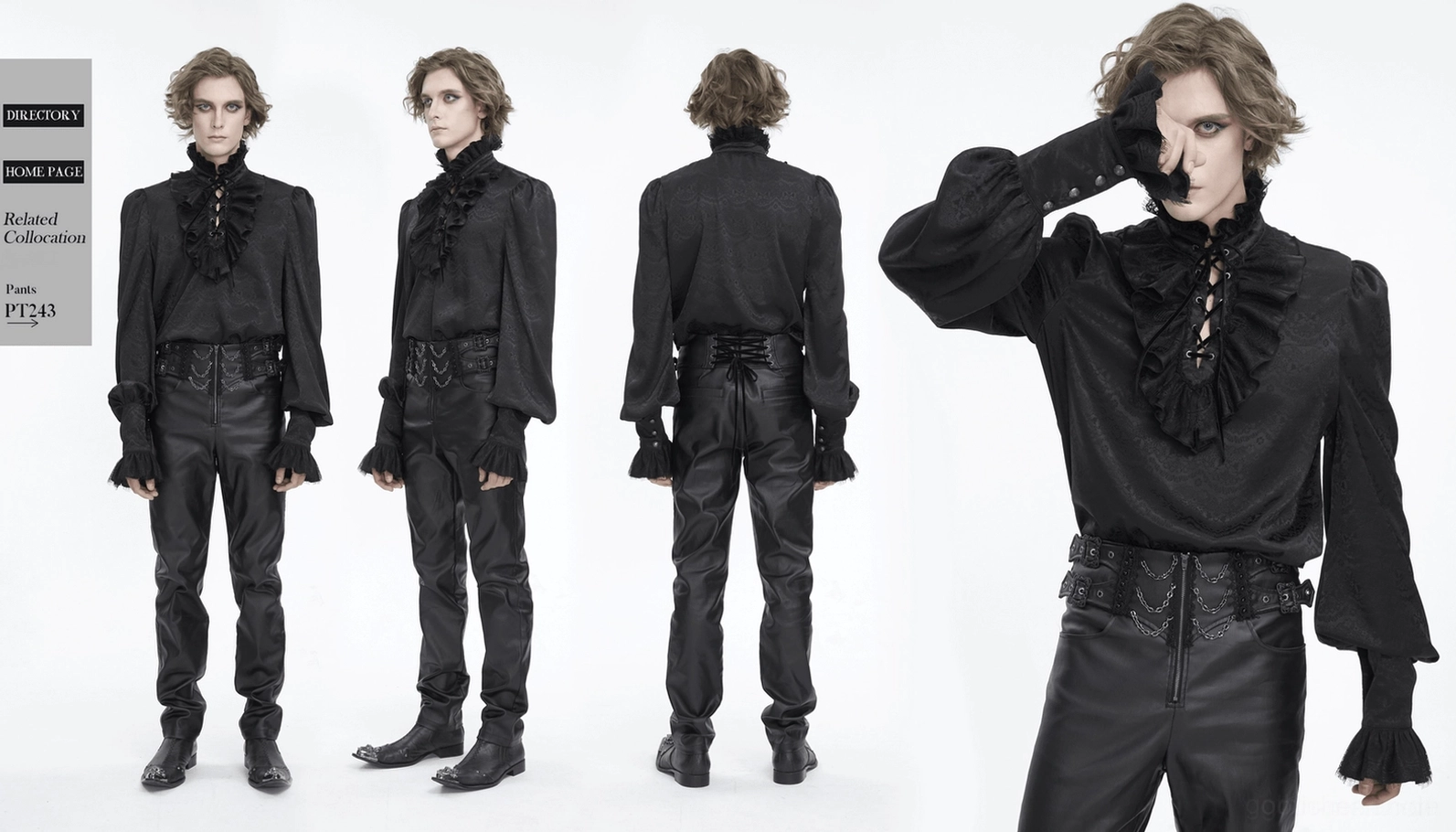 Produktfotografie des schwarzen gothic Spitzenhemds in kompletter Ansicht, showcasing viktorianische theatralische Ästhetik, dunkle romantische Designphilosophie und gothic subkultur Mode