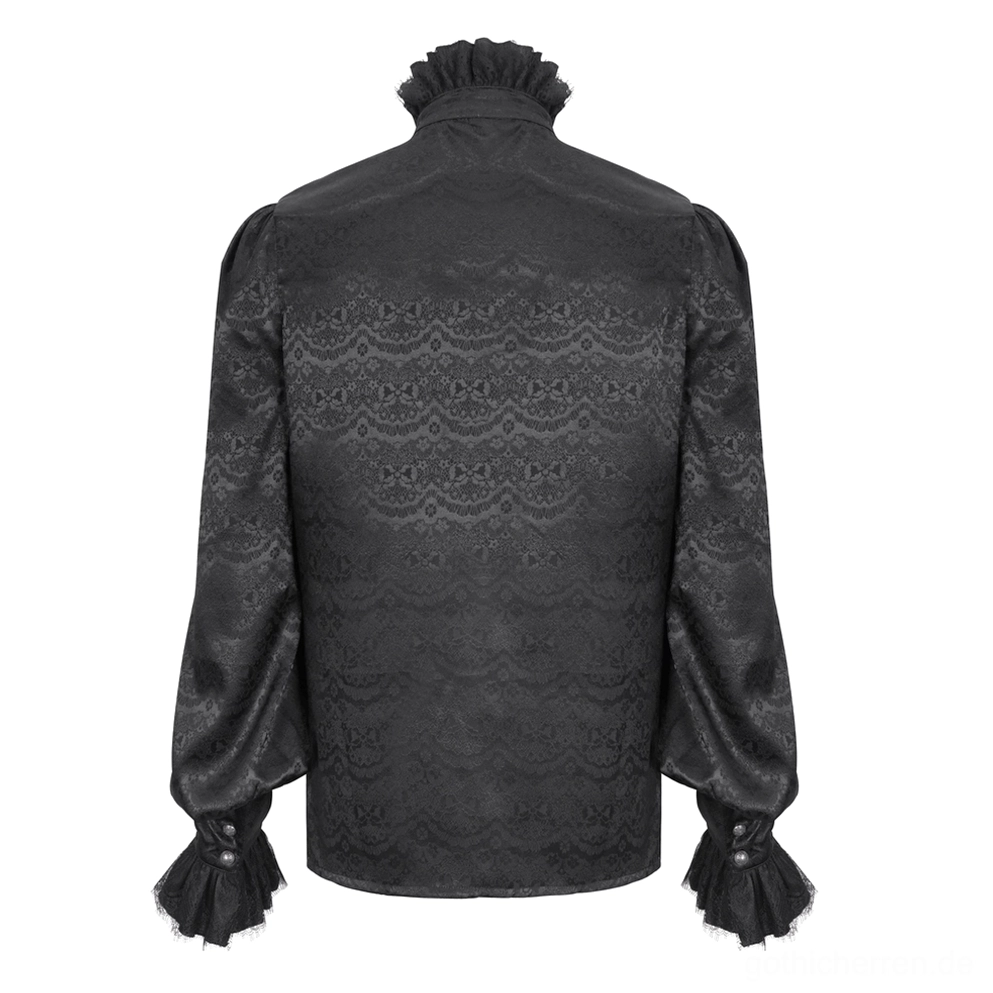 Rückansicht des schwarzen gothic Spitzenhemds auf Schneiderpuppe mit strukturierten Bischofärmeln und Metallknöpfen an den Bündchen, durchgehende Jacquard-Spitzentextur auf der Rückseite