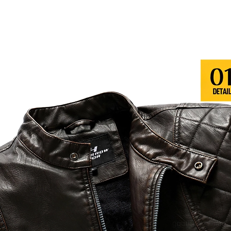 Ganzkörper-Styling einer dunkelbraunen Gothic Stand-Kragen PU-Kunstleder Jacke getragen mit alternativer Fashion, Street-Style Appeal und Dark-Aesthetic Outfit-Inspiration