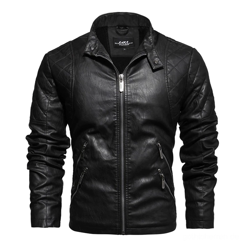 Schwarze Gothic-Lederjacke mit Stehkragen, PU-Kunstleder Motorradjacke Vorderansicht, flache Aufnahme mit Metallreißverschlüssen und gesteppten Schulterpaneelen, Slim-Fit-Design für Herren