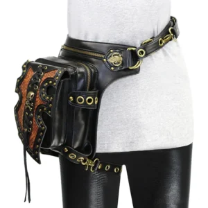 Gothic Steampunk Bauchtasche auf weiblichem Modell getragen, schwarzes PU-Leder mit Schädel-Hardware und Nieten-Trim, Vorderansicht von links mit verstellbarem Schultergurt