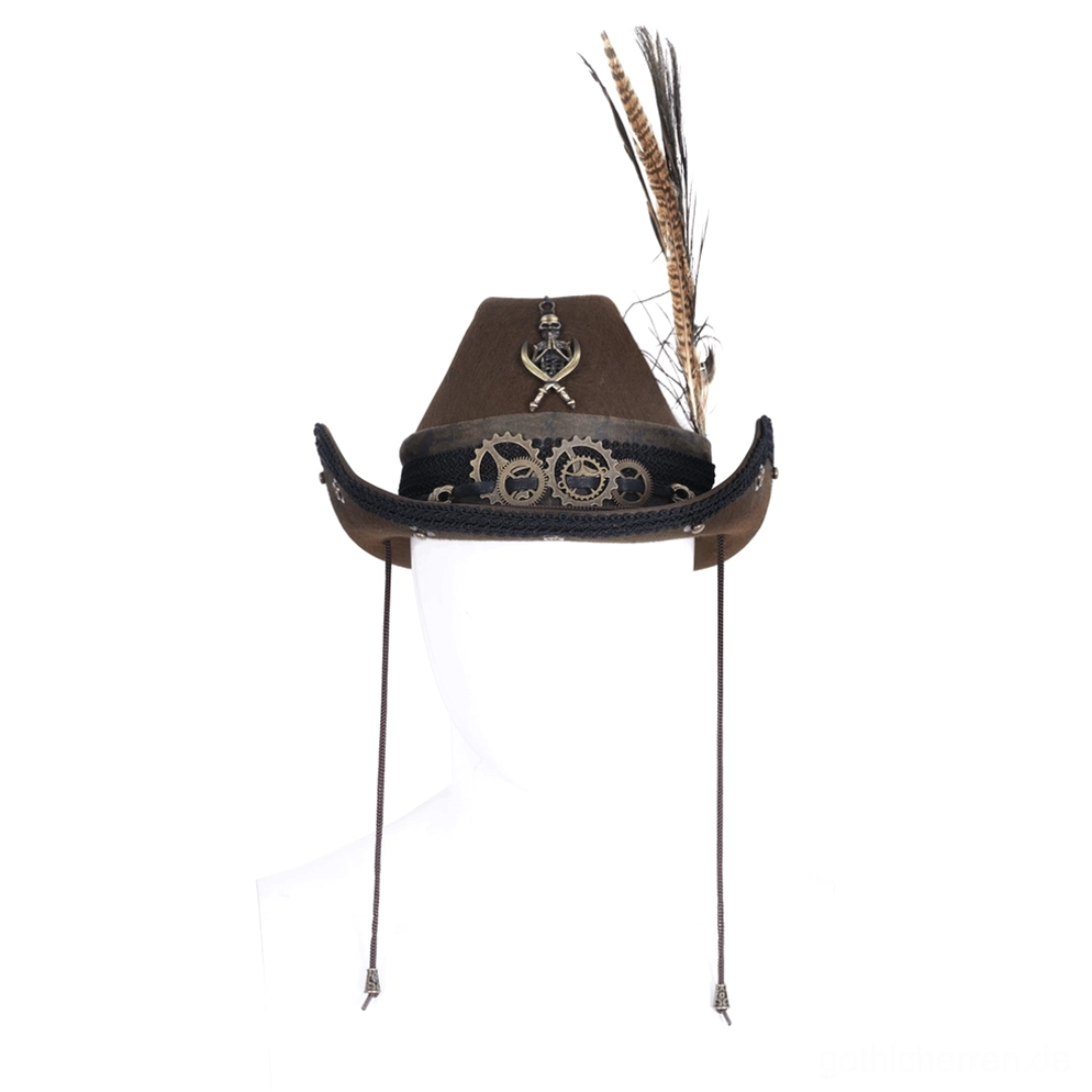 Dunkler gothischer Steampunk Cowboyhut mit Messingzahnrädern und Federverzierung auf weißem Mannequin