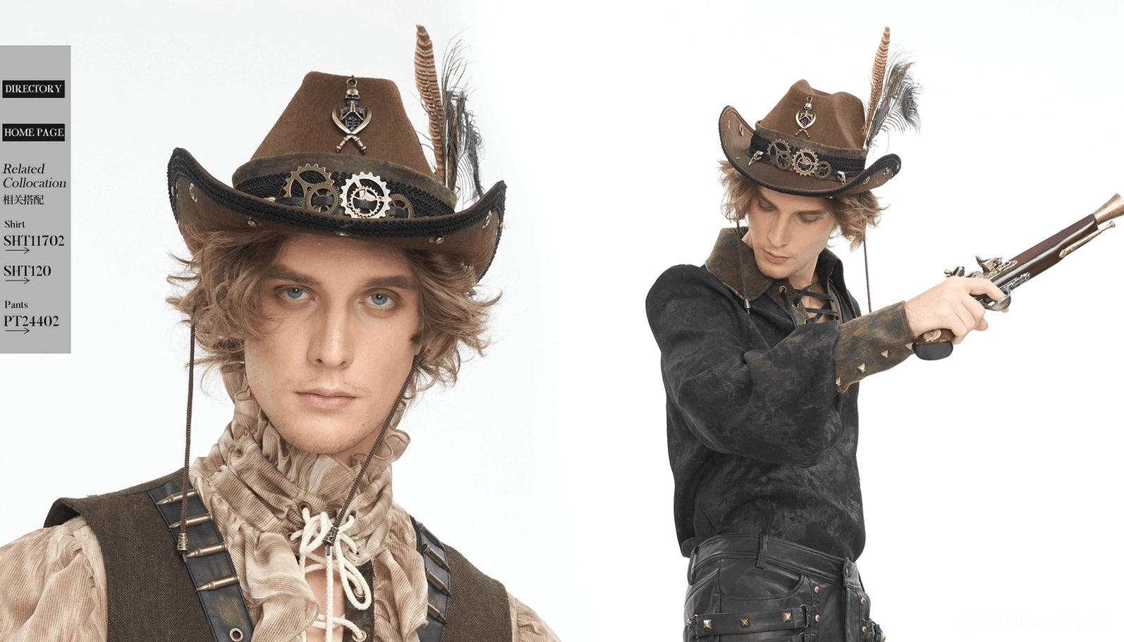 Gothischer Steampunk Cowboyhut komplette Produktübersicht mit allen dekorativen Elementen, Zahnrädern und Federn sichtbar