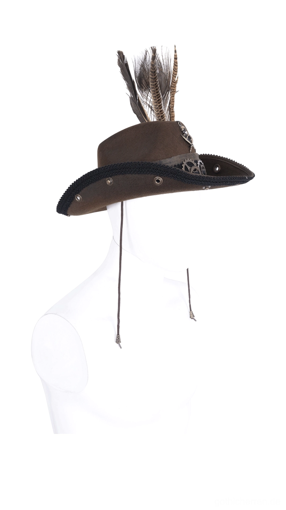 Dunkler gothischer Steampunk Cowboyhut mit mehreren Federn und schwarzem Krempenrand, Dreiviertelseitenansicht