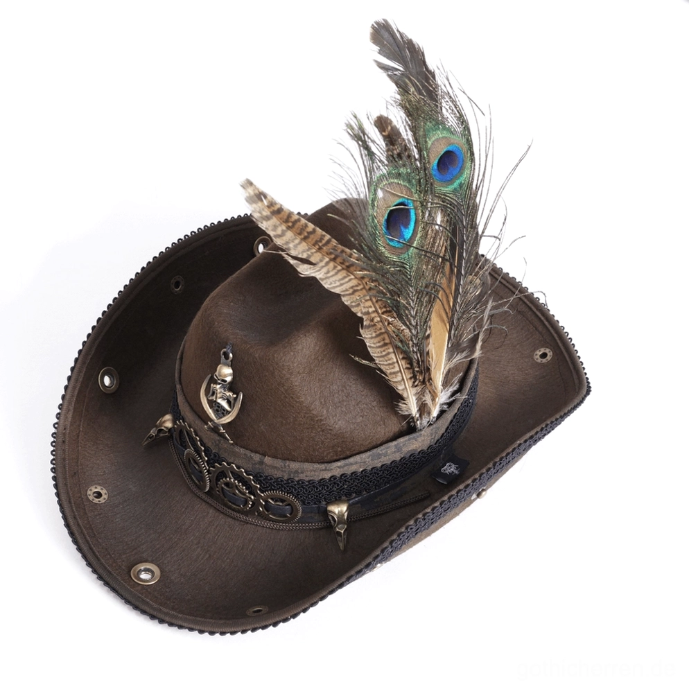 Dunkler gothischer Steampunk Cowboyhut Textturdetail mit Acrylfasermaterial und Metallbeschlägen