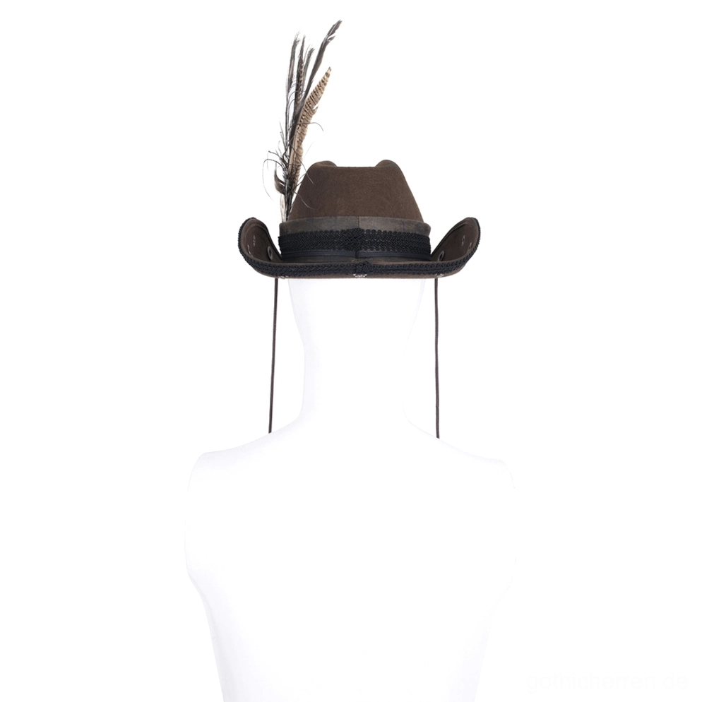 Brauner gothischer Steampunk Cowboyhut mit einzelner Feder und verstellbaren Kinnriemen auf Mannequin von hinten