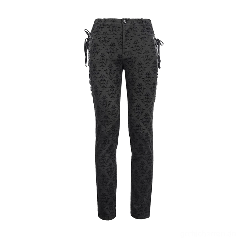 Vorderansicht Gothic Steampunk Slim-Fit Röhrenhose mit allover Damast-Muster und seitlichen Korsett-Schnürsenkel-Design, flache Vollansicht auf weißem Hintergrund