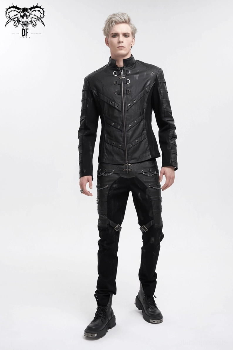 Herren Gothic Stehkragen Jacke alternative Mode Styling - zerrissene Rückseite und tailierte Silhouette für Gothic Subkultur