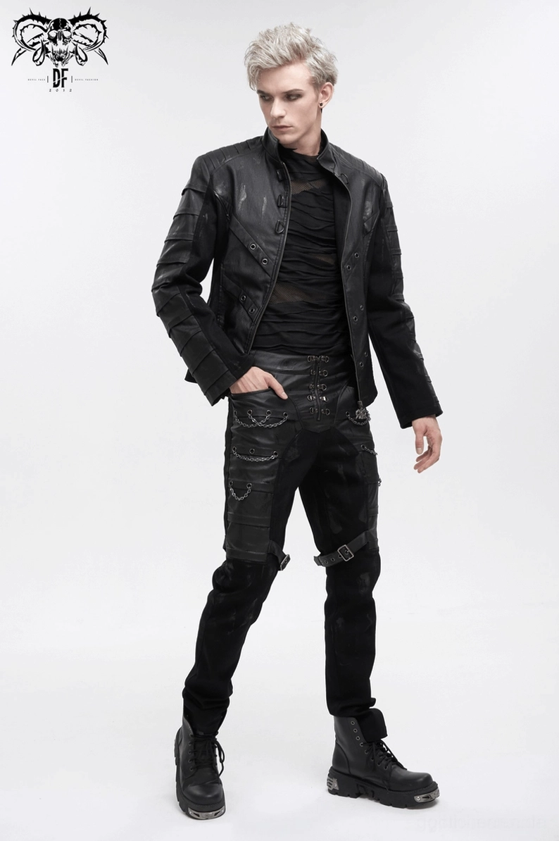 Herren Gothic Stehkragen Jacke beschichtete Canvas-Ausführung - schwarze Oberfläche mit Industrial-Finish und Distress-Effekten