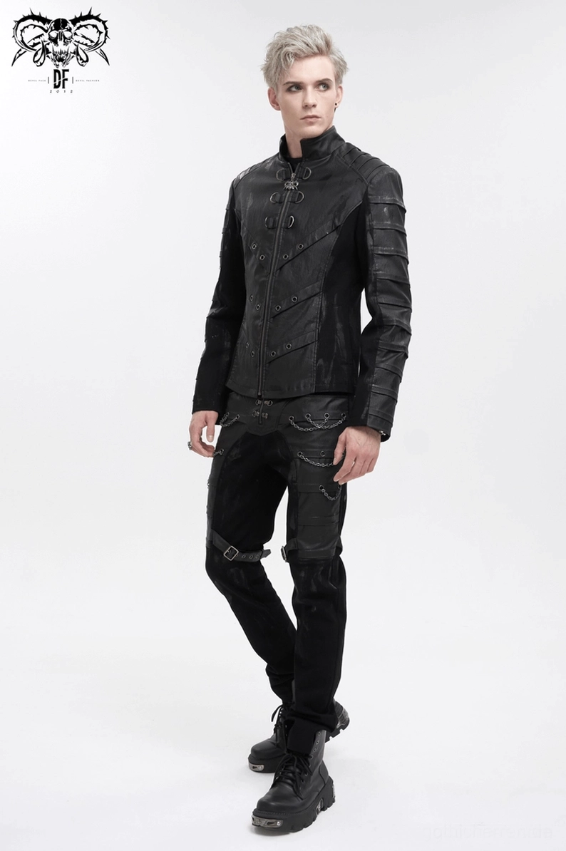 Herren Gothic Stehkragen Jacke D-Ring und Ösen-Positionierung - strategische Metallbefestigung für Kettenzubehör und Punk-Accessoires