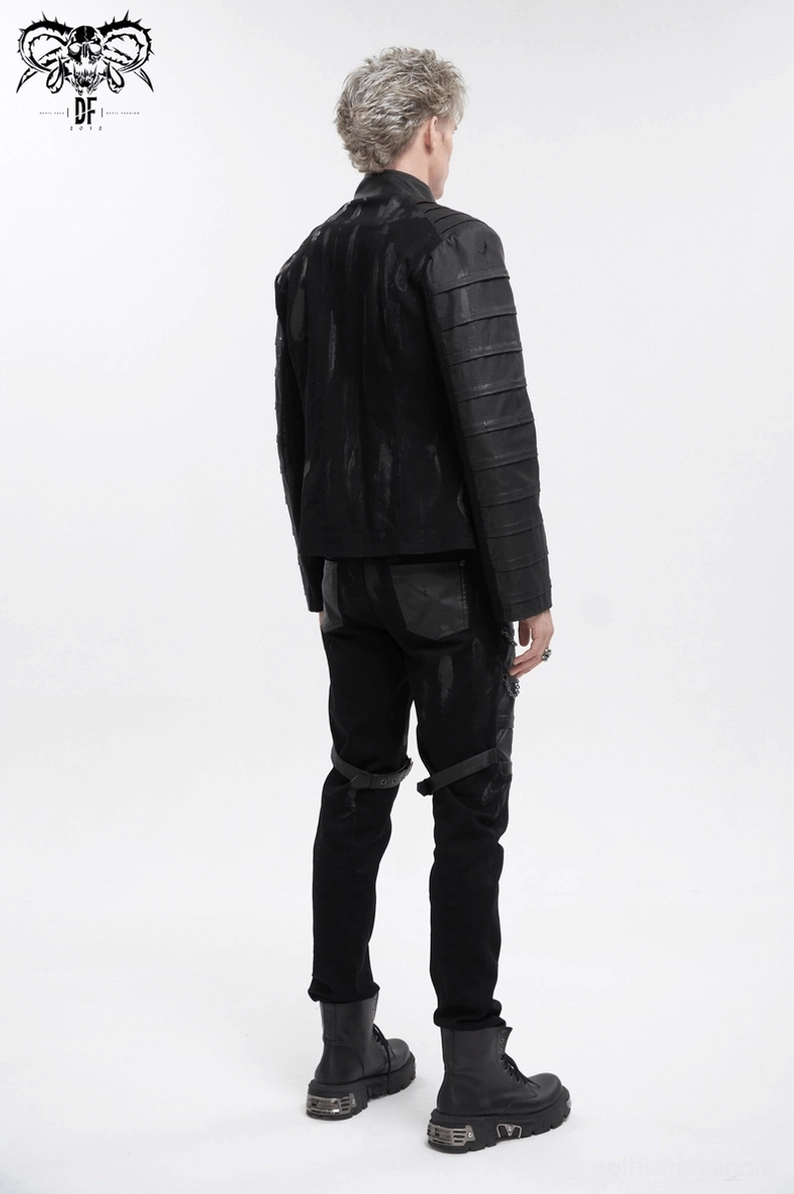 Herren Gothic Stehkragen Jacke Distress-Designelemente - zerrissene Back-Panel-Textur und Decay-Ästhetik für authentische Gothic Fashion