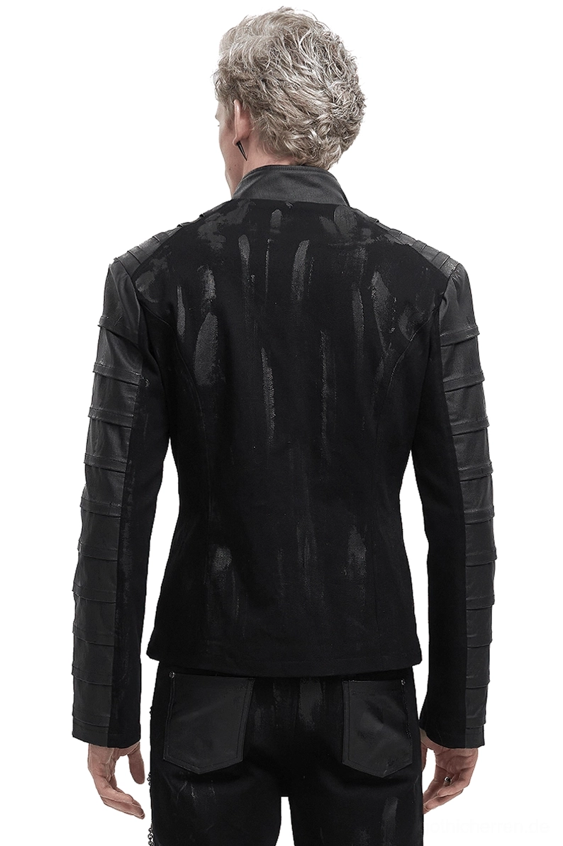 Herren Gothic Stehkragen Jacke mit Distress-Rückseite und Metallösen - Hinteransicht auf Model mit zerfaserter Textur und segmentierten Ärmeln
