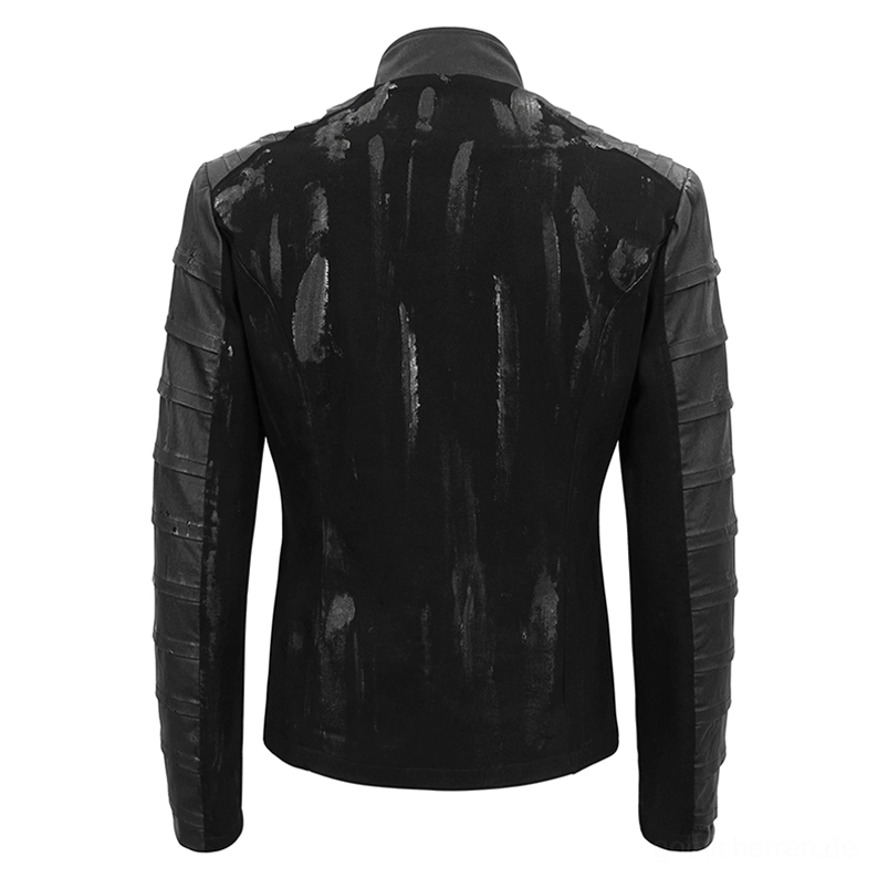Herren Gothic Stehkragen Jacke flach Hinterseite - Distress-Textur und segmentierte Ärmel auf schwarzer beschichteter Canvas