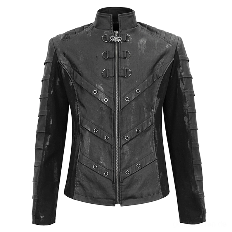 Herren Gothic Stehkragen Jacke flach ausgebreitet - Vorderansicht zeigt Metallösen, Skull-Reißverschluss und Industrial D-Rings auf schwarzem Canvas