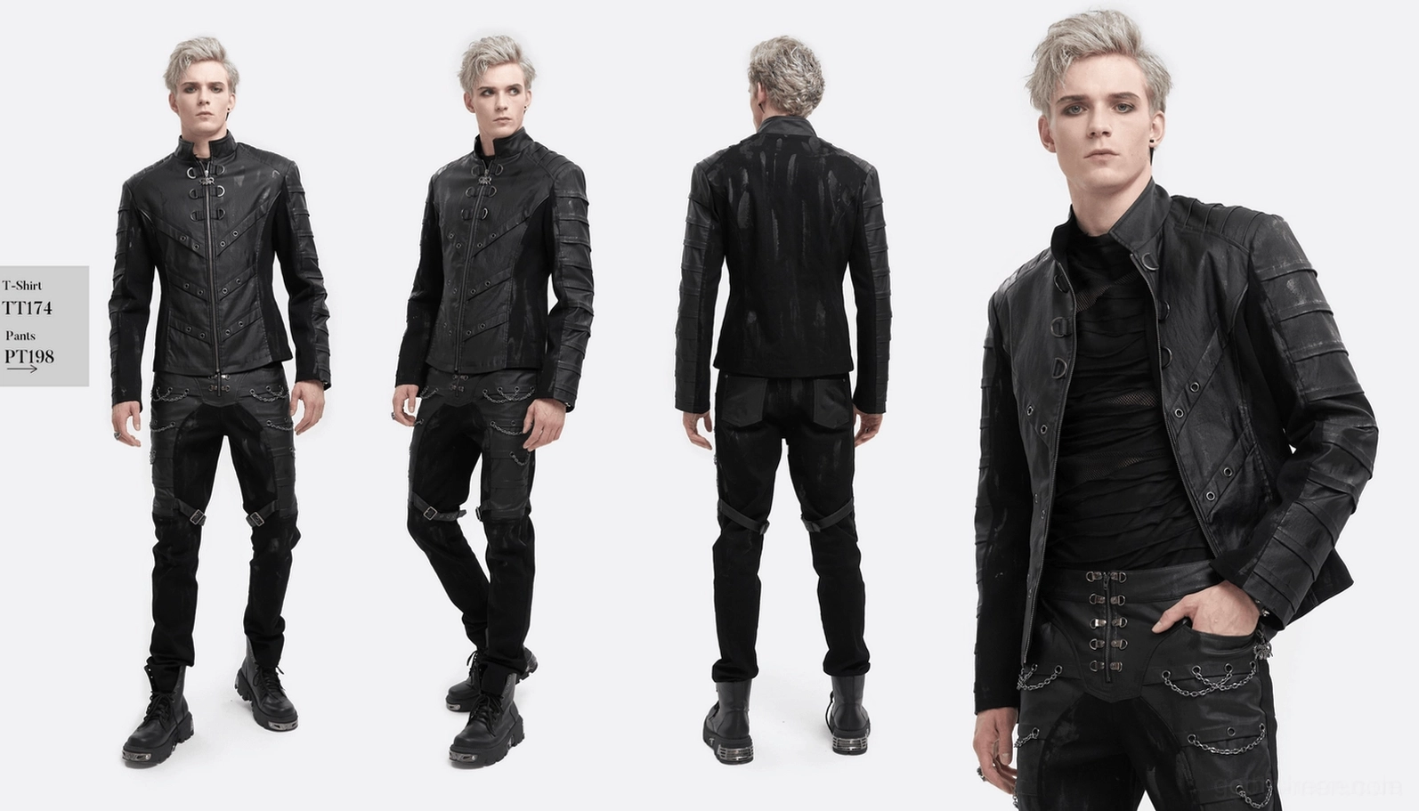 Herren Gothic Stehkragen Jacke vollständige Produktansicht - schwarzer beschichteter Canvas mit Punk-Metallhardware und Industrial-Details